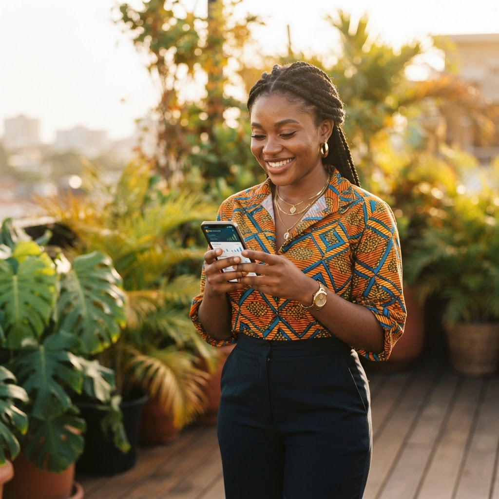 A young Ghanaian investor checking her portfolio on her phone